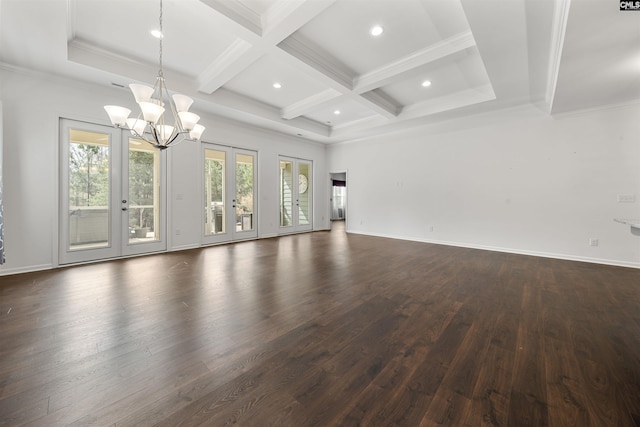 unfurnished living room with dark wood-style floors, beam ceiling, crown molding, coffered ceiling, and baseboards