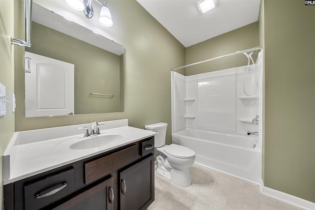 bathroom with toilet, tub / shower combination, and vanity