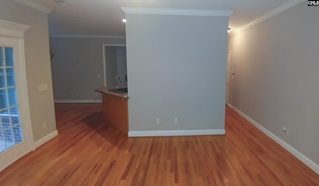 empty room featuring ornamental molding, light wood-style floors, and baseboards