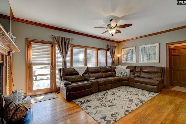 living area with plenty of natural light, light wood-style flooring, and crown molding