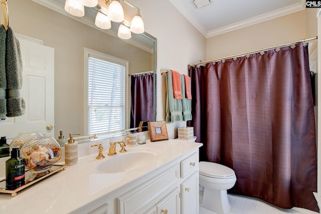 full bath featuring crown molding, toilet, vanity, a chandelier, and tile patterned floors