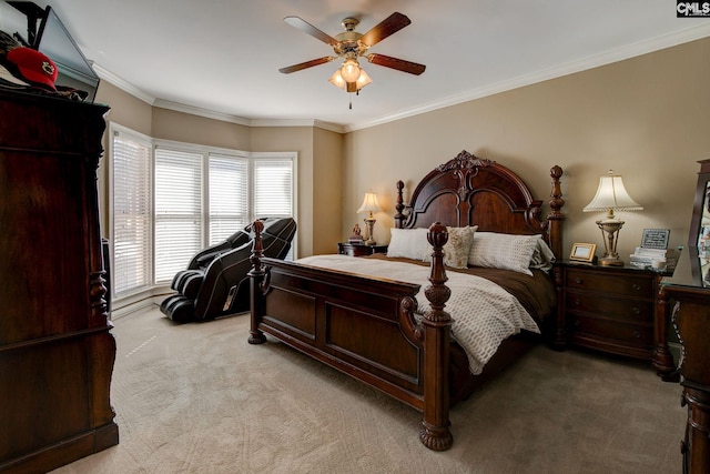 bedroom featuring light carpet, a ceiling fan, and crown molding