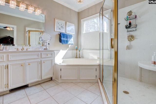 bathroom featuring a garden tub, vanity, tile patterned floors, a stall shower, and crown molding