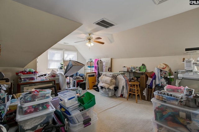 bonus room with ceiling fan, carpet, lofted ceiling, and visible vents