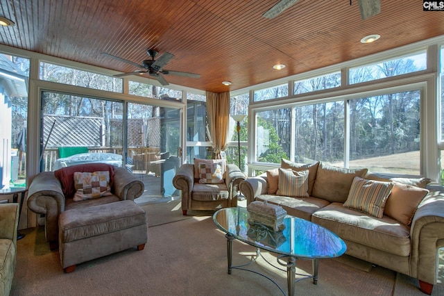 sunroom featuring a ceiling fan and wooden ceiling