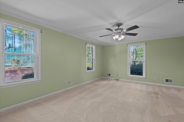 carpeted spare room featuring baseboards, ornamental molding, and a wealth of natural light