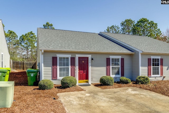 view of front of home featuring fence and roof with shingles