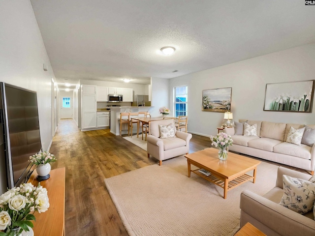 living area featuring a textured ceiling, wood finished floors, and baseboards