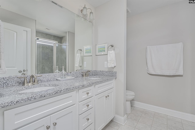 bathroom featuring visible vents, baseboards, toilet, a shower stall, and a sink