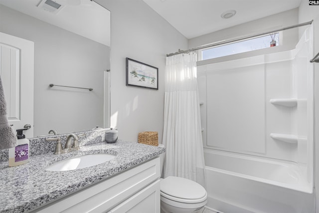 full bath with toilet, vanity, visible vents, and shower / bathtub combination with curtain