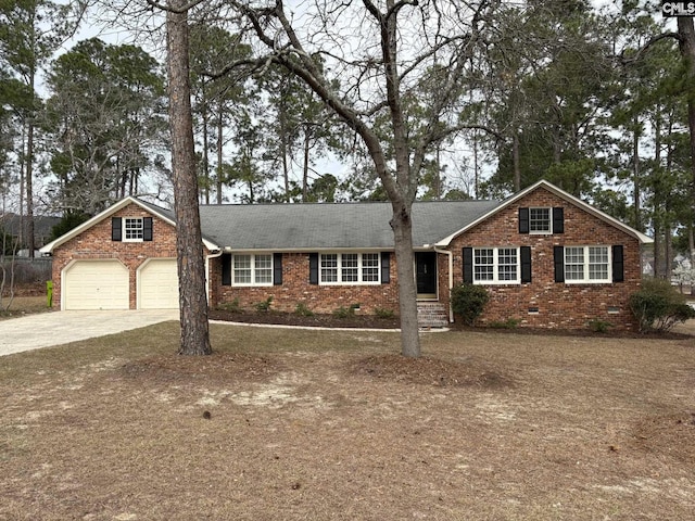 single story home with crawl space, driveway, and brick siding