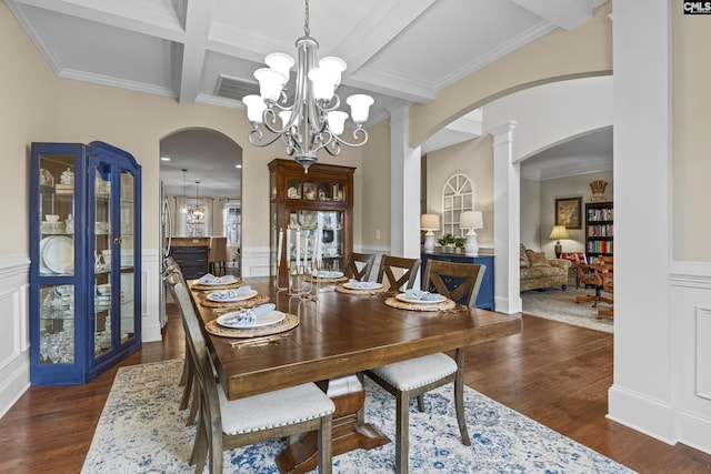 dining space with a wainscoted wall, dark wood-type flooring, coffered ceiling, beamed ceiling, and decorative columns