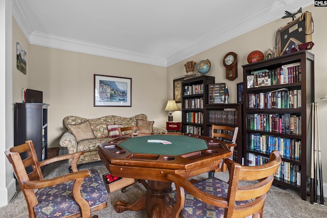 game room with carpet floors and ornamental molding