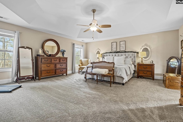 carpeted bedroom with baseboards, multiple windows, visible vents, and a raised ceiling