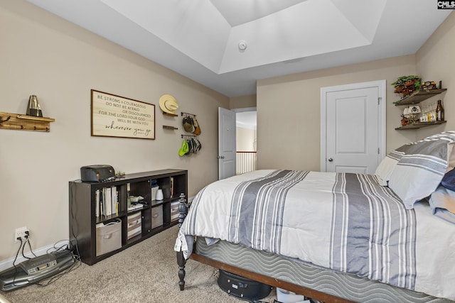 carpeted bedroom with a raised ceiling