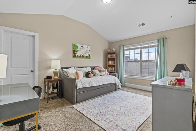 bedroom with light carpet, baseboards, visible vents, and vaulted ceiling