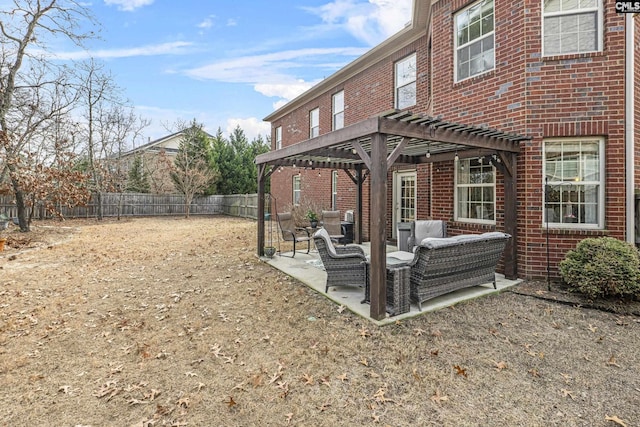 exterior space with a patio, a fenced backyard, and a pergola