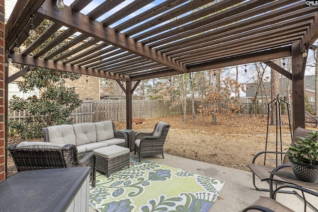 view of patio with a pergola, a fenced backyard, and an outdoor hangout area