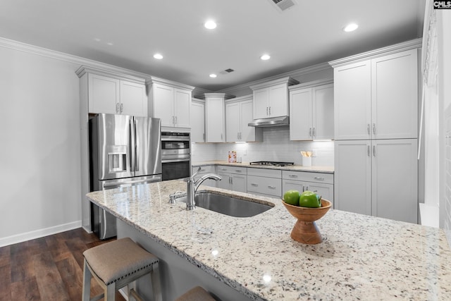 kitchen with light stone counters, stainless steel appliances, decorative backsplash, a sink, and under cabinet range hood