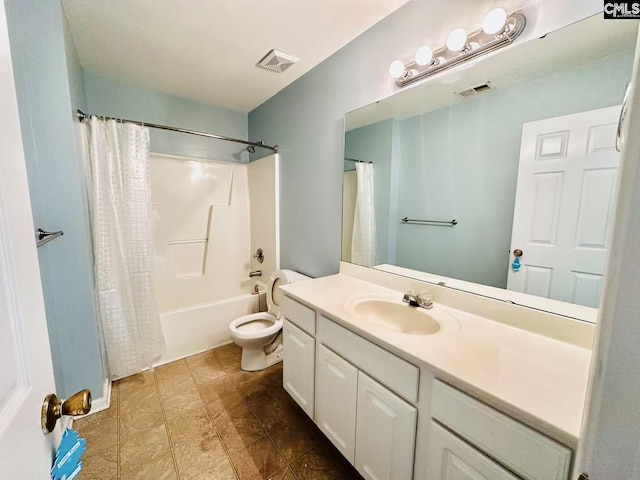 full bath with toilet, visible vents, shower / tub combo with curtain, and vanity