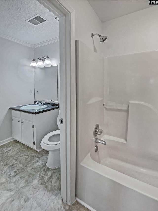 full bath featuring a textured ceiling, toilet, visible vents,  shower combination, and crown molding