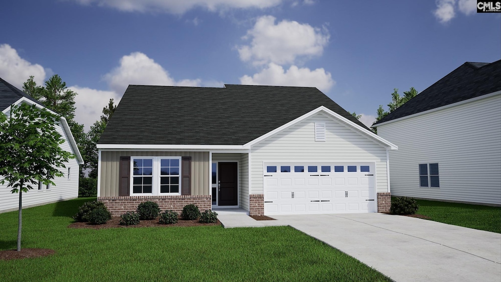 view of front of home with an attached garage, brick siding, driveway, roof with shingles, and a front lawn