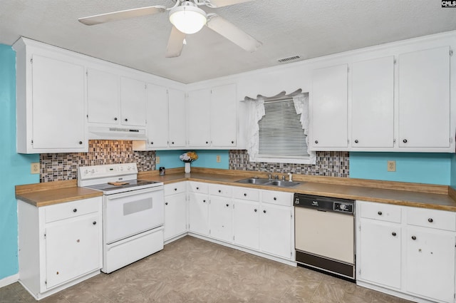 kitchen featuring tasteful backsplash, white appliances, a sink, and under cabinet range hood