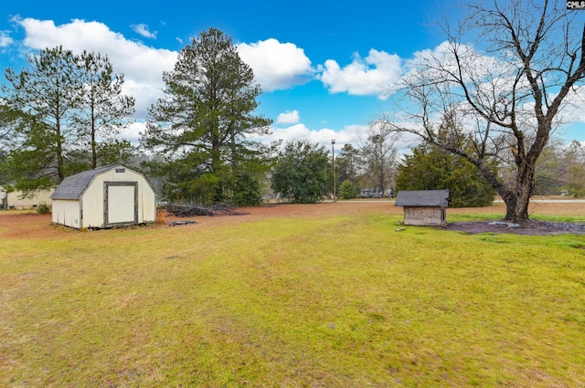 view of yard featuring a storage shed and an outdoor structure