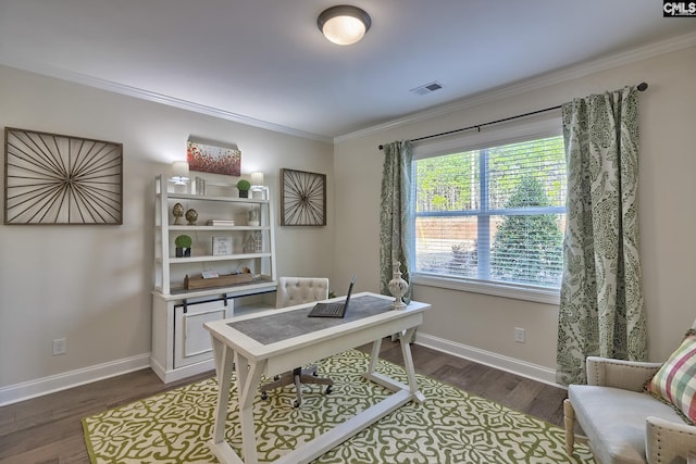 office featuring dark wood-style floors, visible vents, crown molding, and baseboards