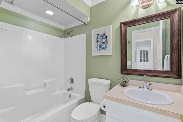 full bathroom with  shower combination, ornamental molding, vanity, and toilet