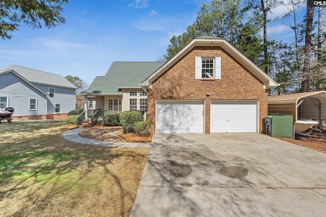 traditional-style home with driveway, a shingled roof, a front lawn, and brick siding