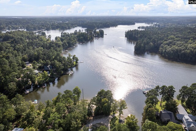 aerial view with a water view and a forest view