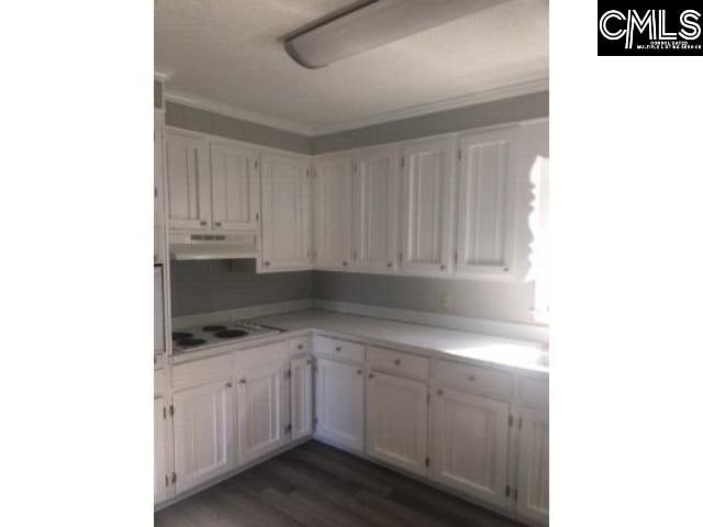 kitchen featuring light countertops, dark wood-style flooring, white cabinets, and under cabinet range hood