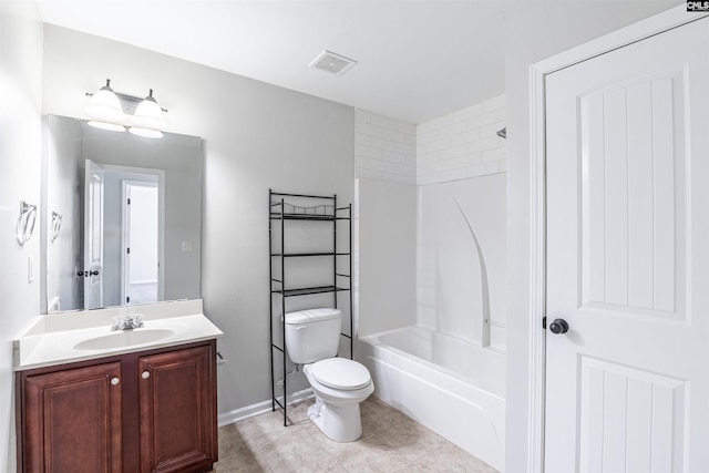 bathroom with visible vents, toilet, tile patterned floors, vanity, and washtub / shower combination