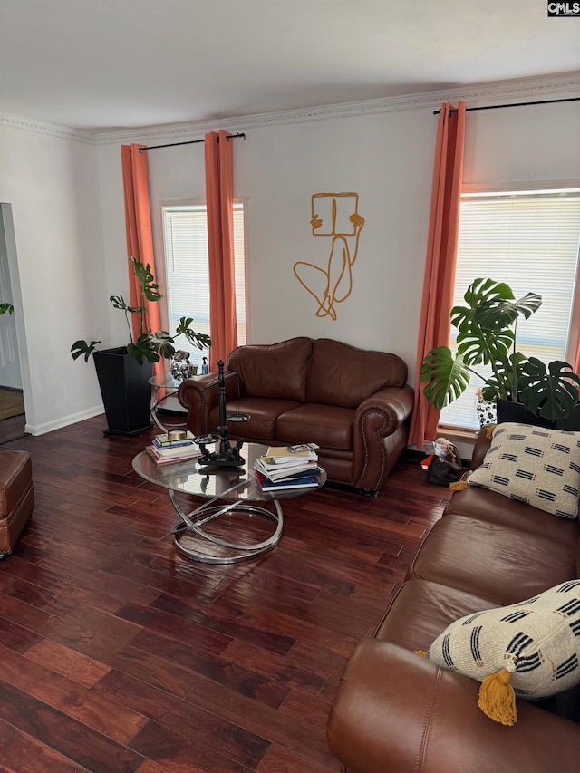 living area with ornamental molding, wood finished floors, and baseboards