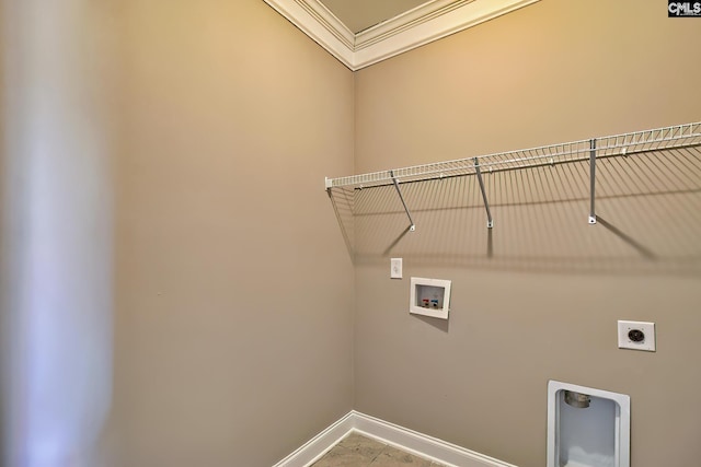 laundry room with baseboards, ornamental molding, washer hookup, laundry area, and hookup for an electric dryer