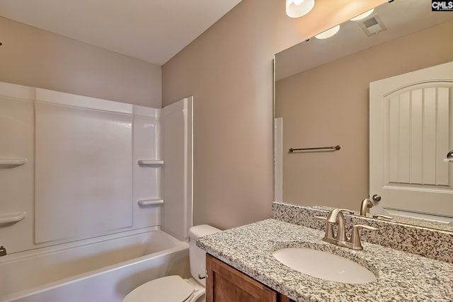 full bath with visible vents, toilet, vanity, and shower / tub combination