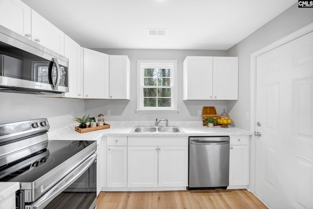 kitchen with white cabinetry, stainless steel appliances, a sink, and light countertops