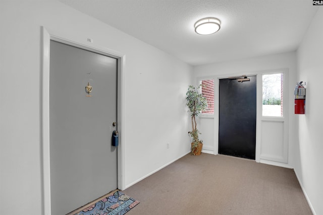 foyer with carpet floors, baseboards, and a textured ceiling