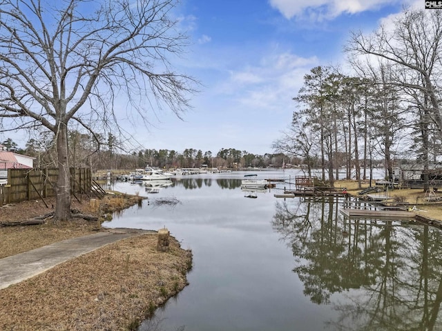 view of yard featuring a water view and a boat dock