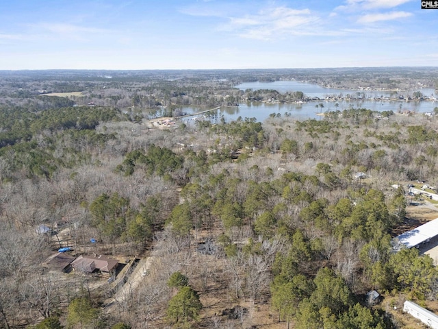 birds eye view of property with a water view and a wooded view