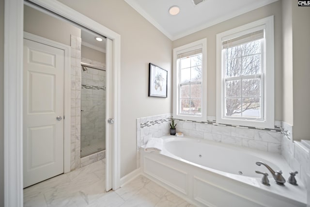 bathroom featuring visible vents, marble finish floor, a whirlpool tub, a stall shower, and crown molding