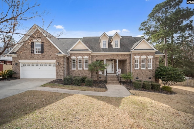 view of front of property with a garage, brick siding, a shingled roof, concrete driveway, and crawl space