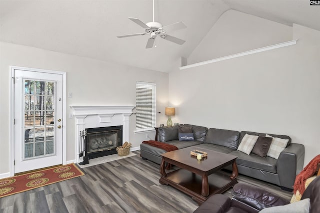 living area featuring a fireplace with flush hearth, high vaulted ceiling, wood finished floors, and a healthy amount of sunlight