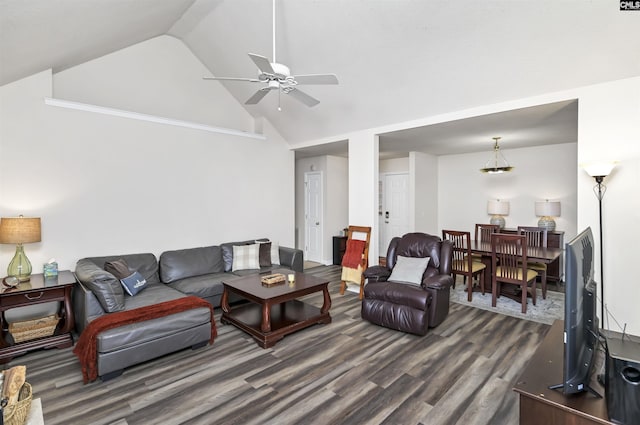 living room featuring ceiling fan, high vaulted ceiling, and wood finished floors