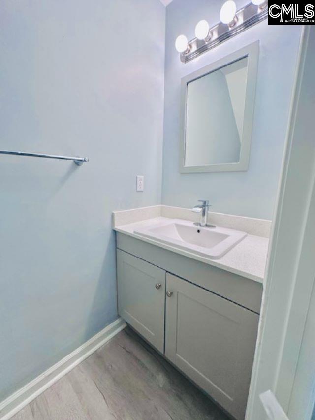 bathroom with wood finished floors, vanity, and baseboards