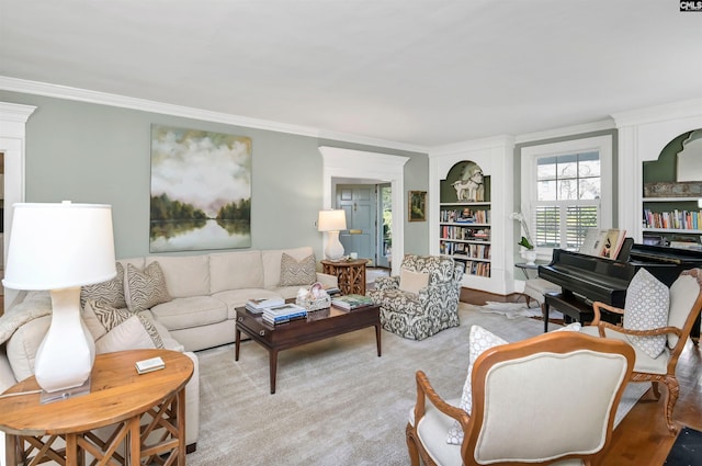 living room featuring carpet flooring and crown molding