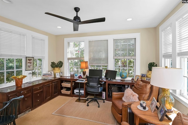 home office featuring a ceiling fan, recessed lighting, and visible vents