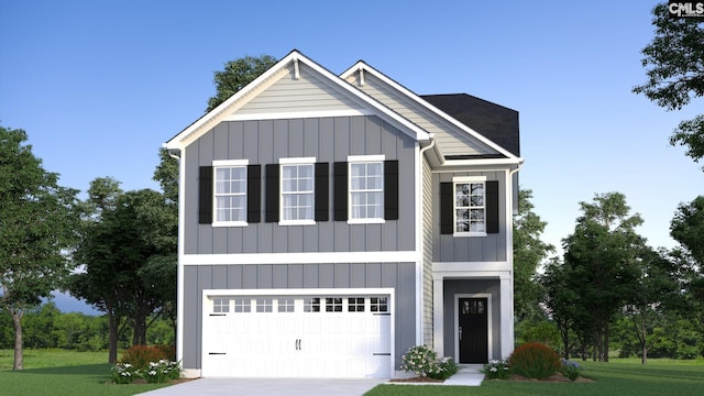 view of front of home featuring board and batten siding, a front yard, concrete driveway, and an attached garage