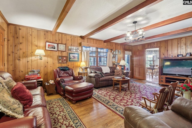 living area featuring a chandelier, plenty of natural light, beamed ceiling, and wood finished floors